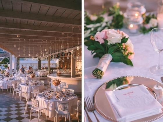 Beautifully set tables for a wedding celebration.