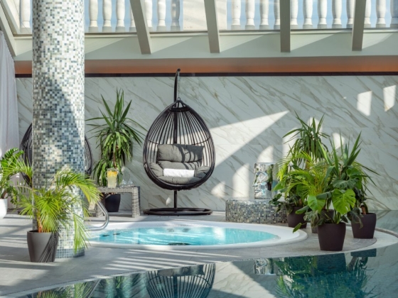 Serene indoor relaxation space featuring a spa and greenery.