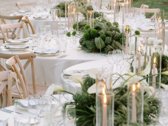 Stylish table arrangement for an outdoor event.