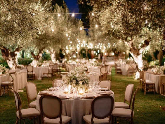 A beautifully decorated garden venue with twinkling lights.