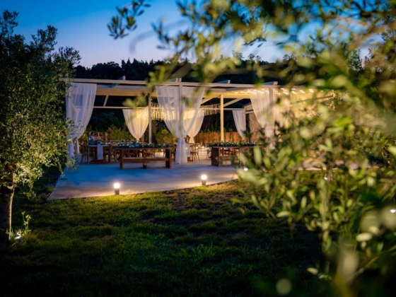 A beautifully decorated dining space surrounded by greenery.
