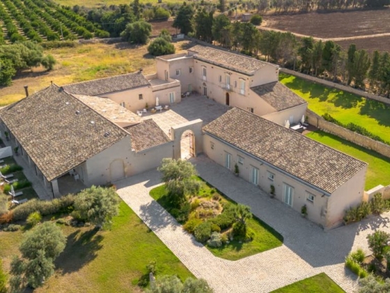 A charming villa with gardens and vineyard in the background.