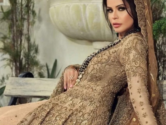 Elegant woman poses in a richly embellished outfit.