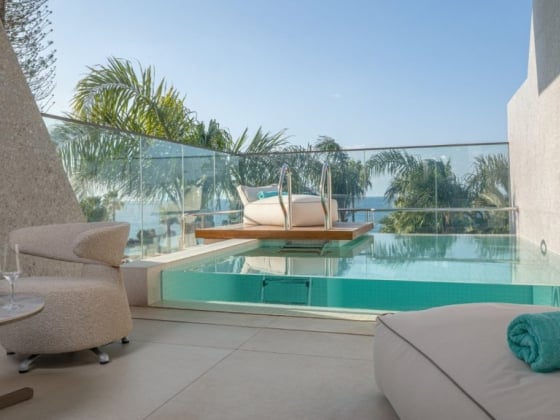Chic outdoor space featuring a pool, lounge chair, and greenery.