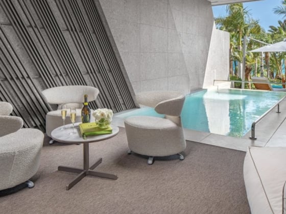 Stylish seating area overlooking a serene pool.