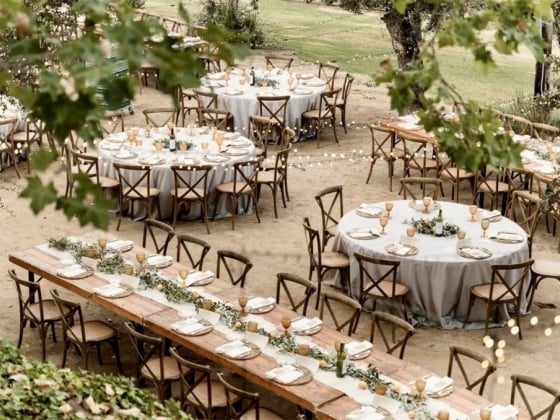 Charming outdoor setup for a wedding reception.