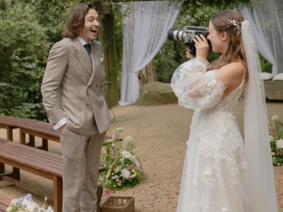 A joyful moment captured during a wedding in nature.