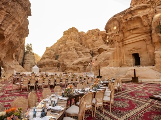 Elegant dinner table arrangement in a stunning natural landscape