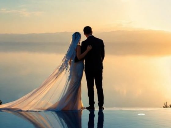 A romantic moment by the water at sunset.