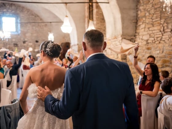 A joyful moment at a wedding reception.