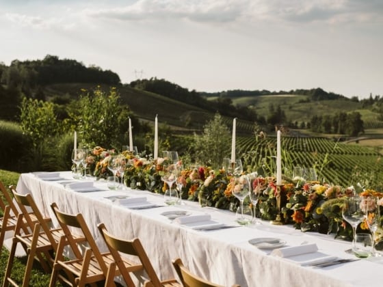 A beautifully arranged long table amidst vineyards.