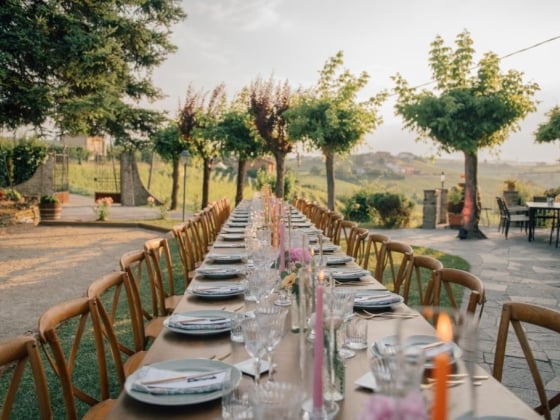 Long table set for a dinner in a scenic garden.