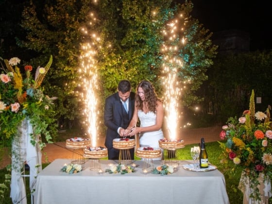 A beautiful wedding celebration with cake and fireworks.