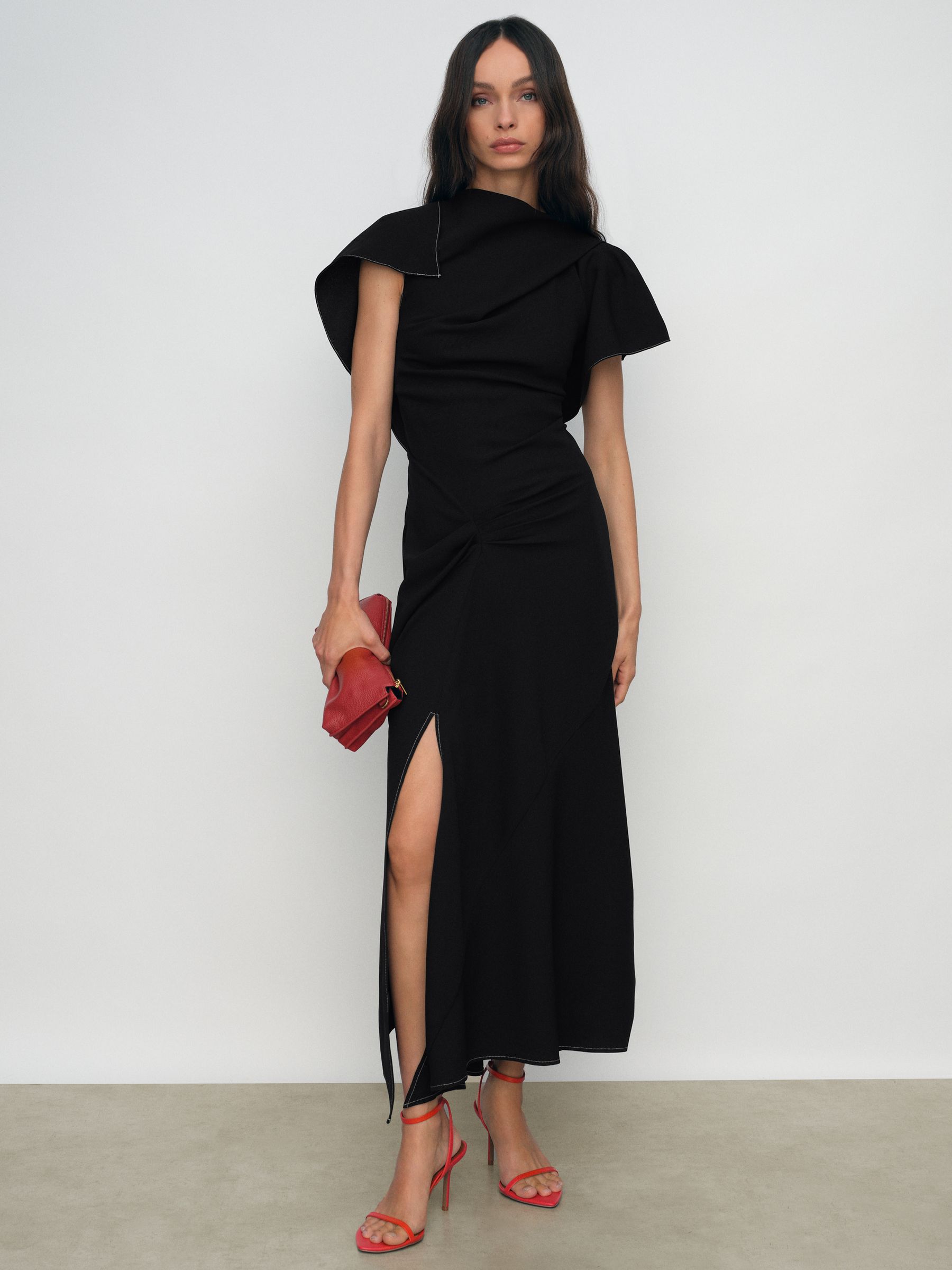 Asymmetric Draped Midi Dress in Black