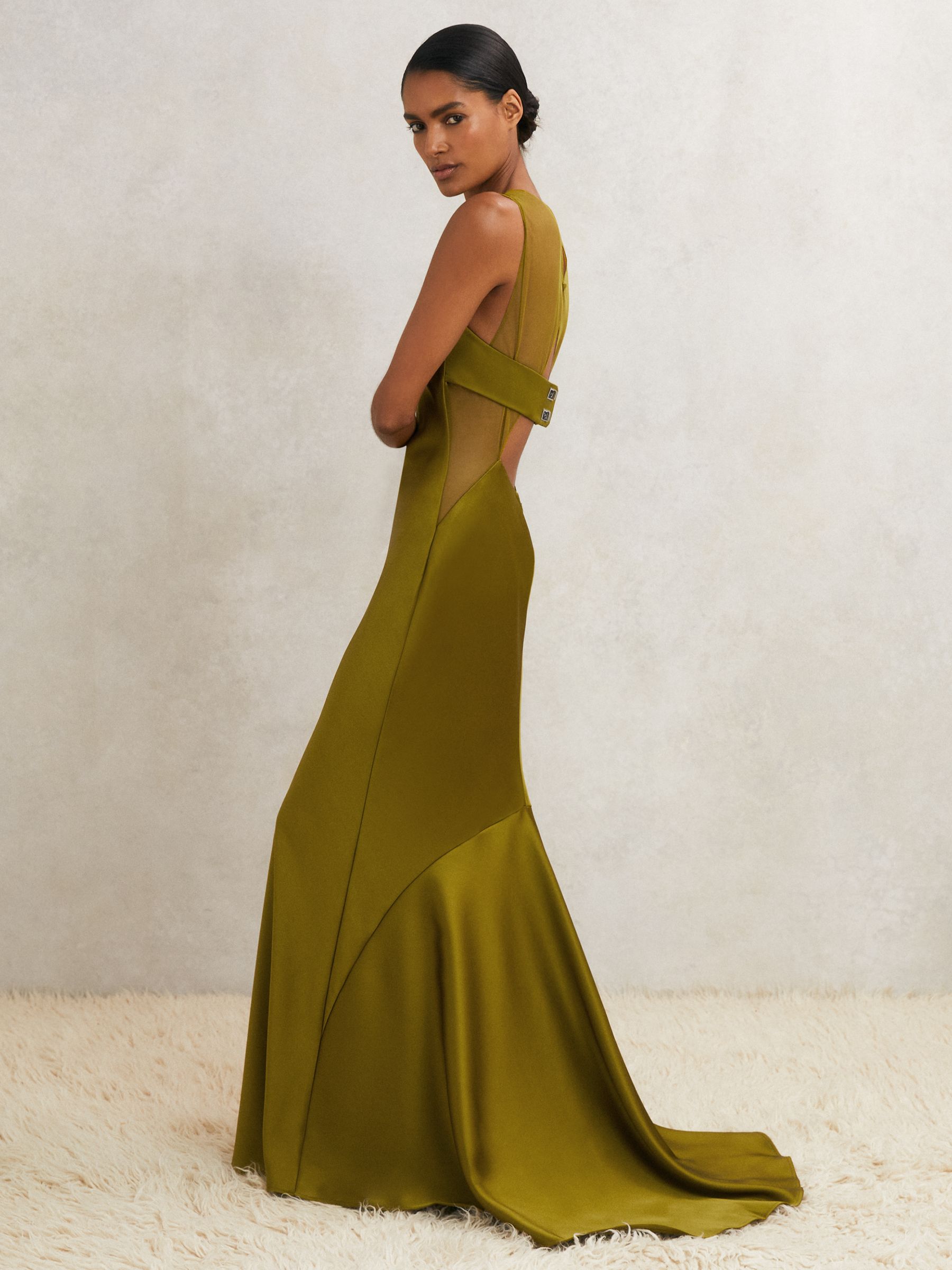 Atelier Satin Sheer-Panel Maxi Dress in Green