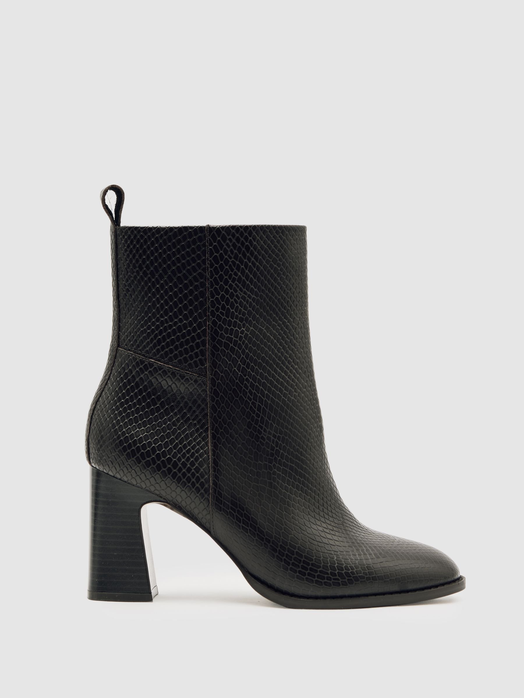 Leather Block-Heel Ankle Boots in Snake