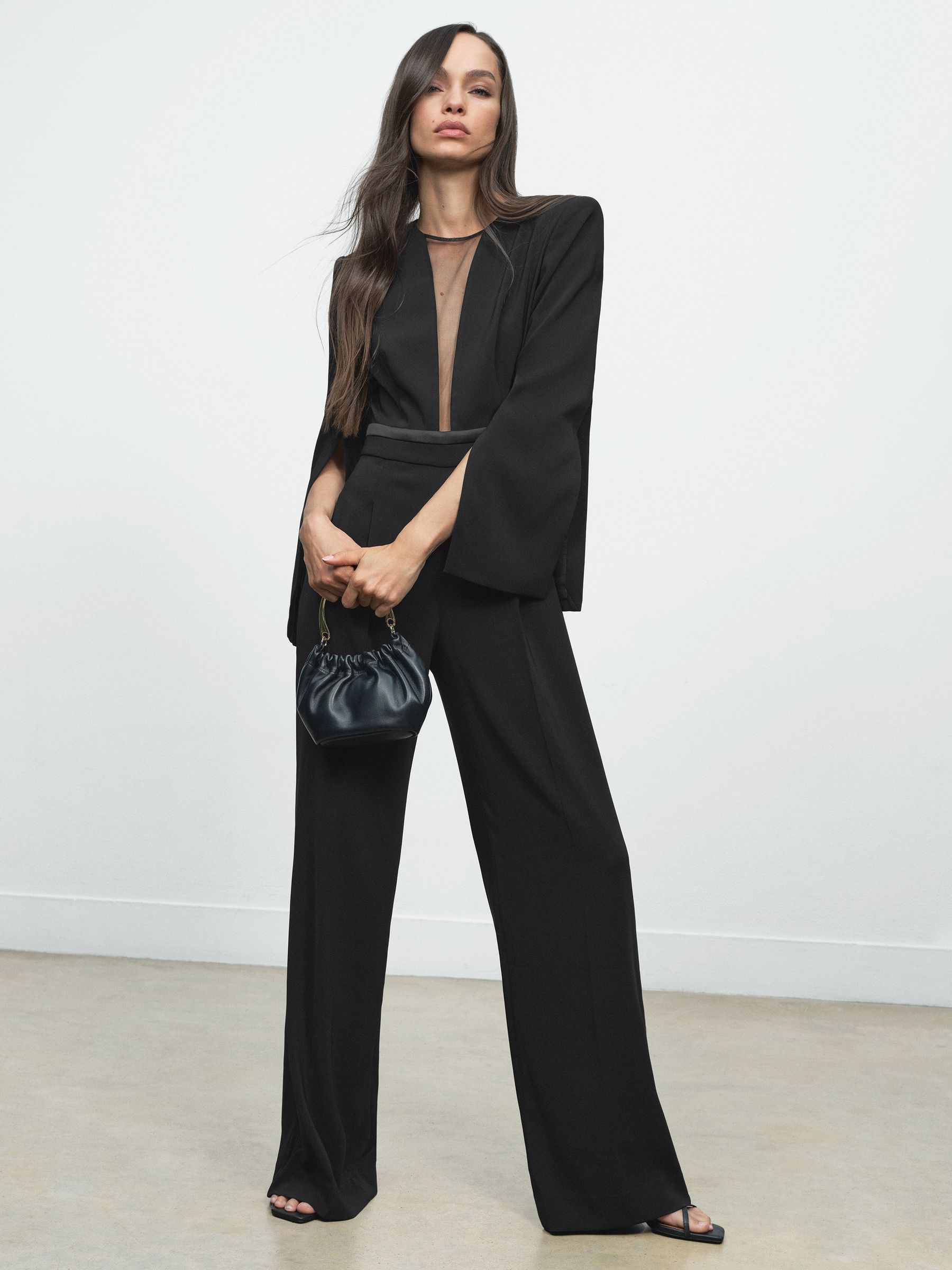Plunge-Neck Split-Sleeve Jumpsuit in Black