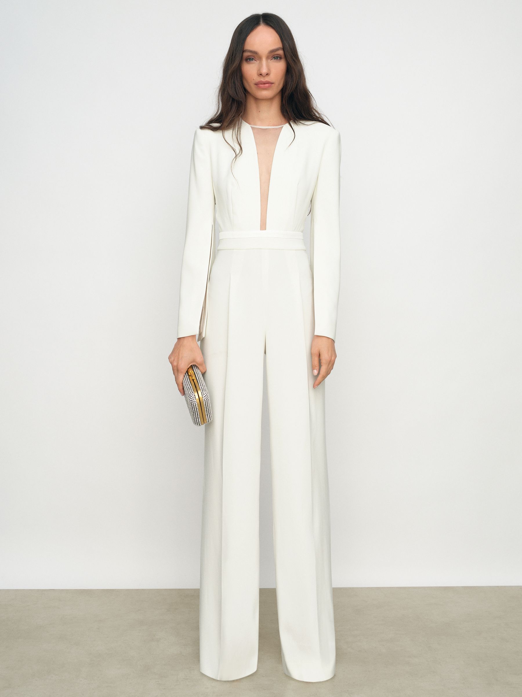 Plunge-Neck Split-Sleeve Jumpsuit in Ivory