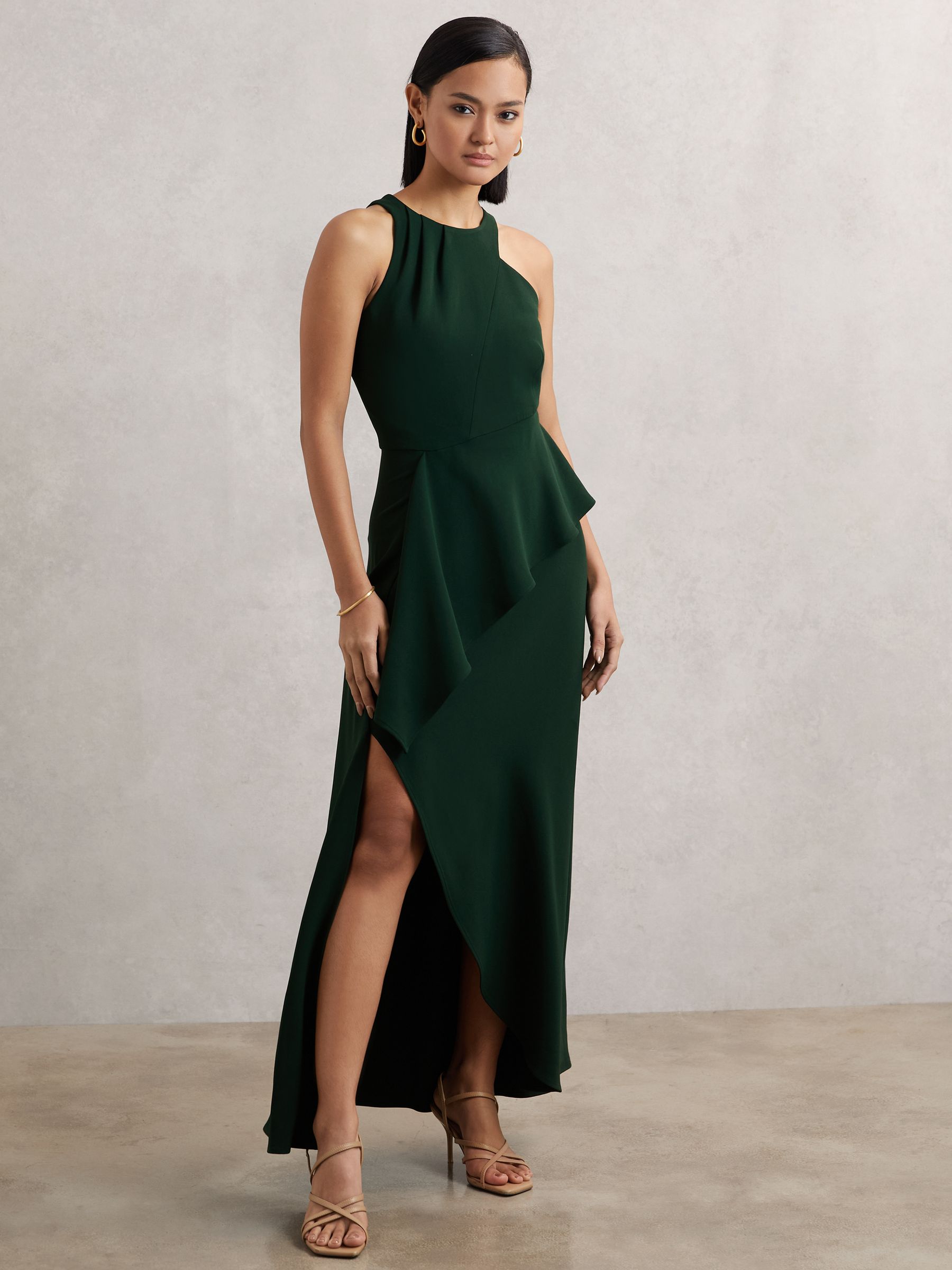 Ruffled Slash-Detail Maxi Dress in Green
