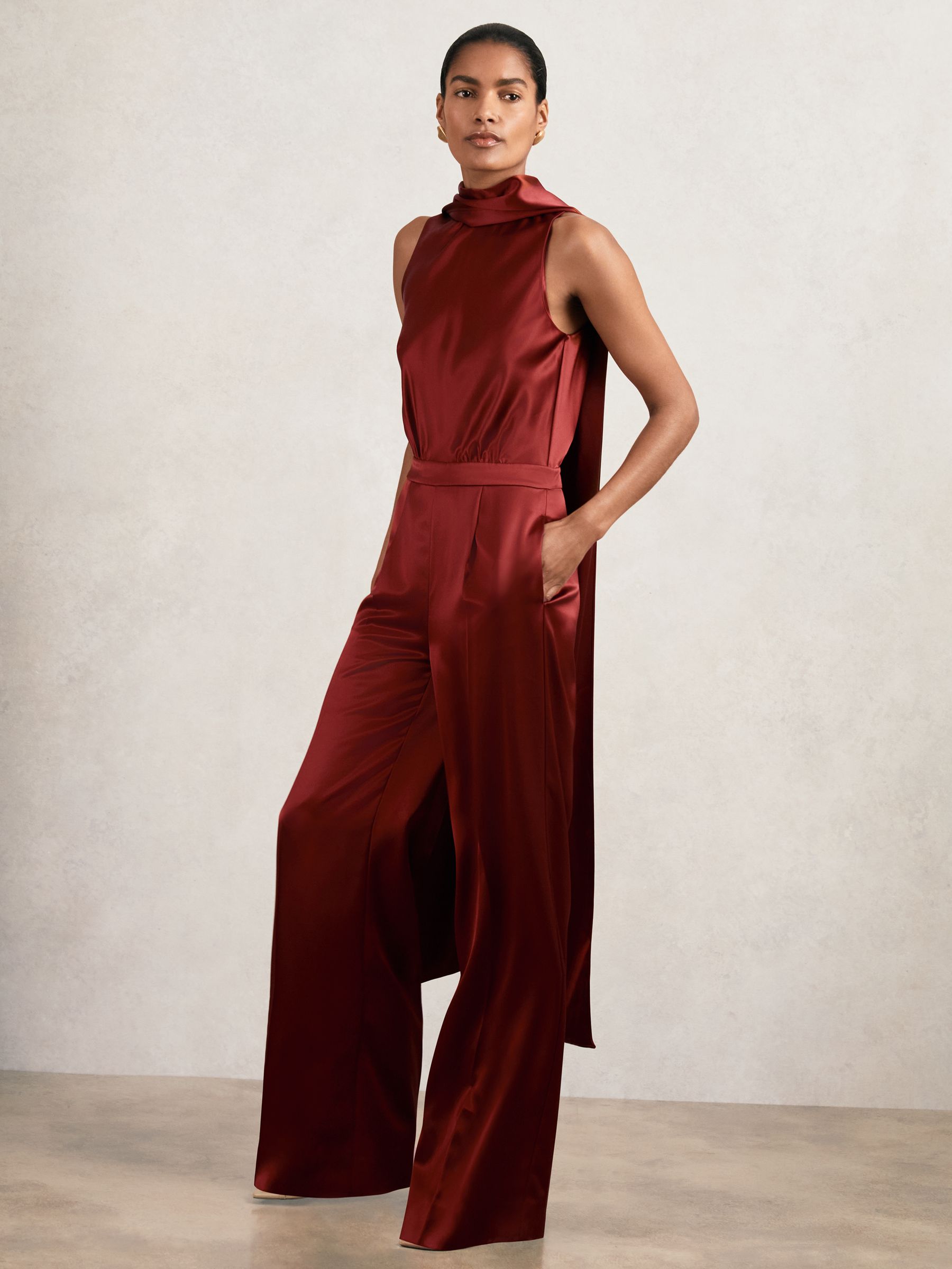 Satin Cape-Sash Jumpsuit in Dark Red