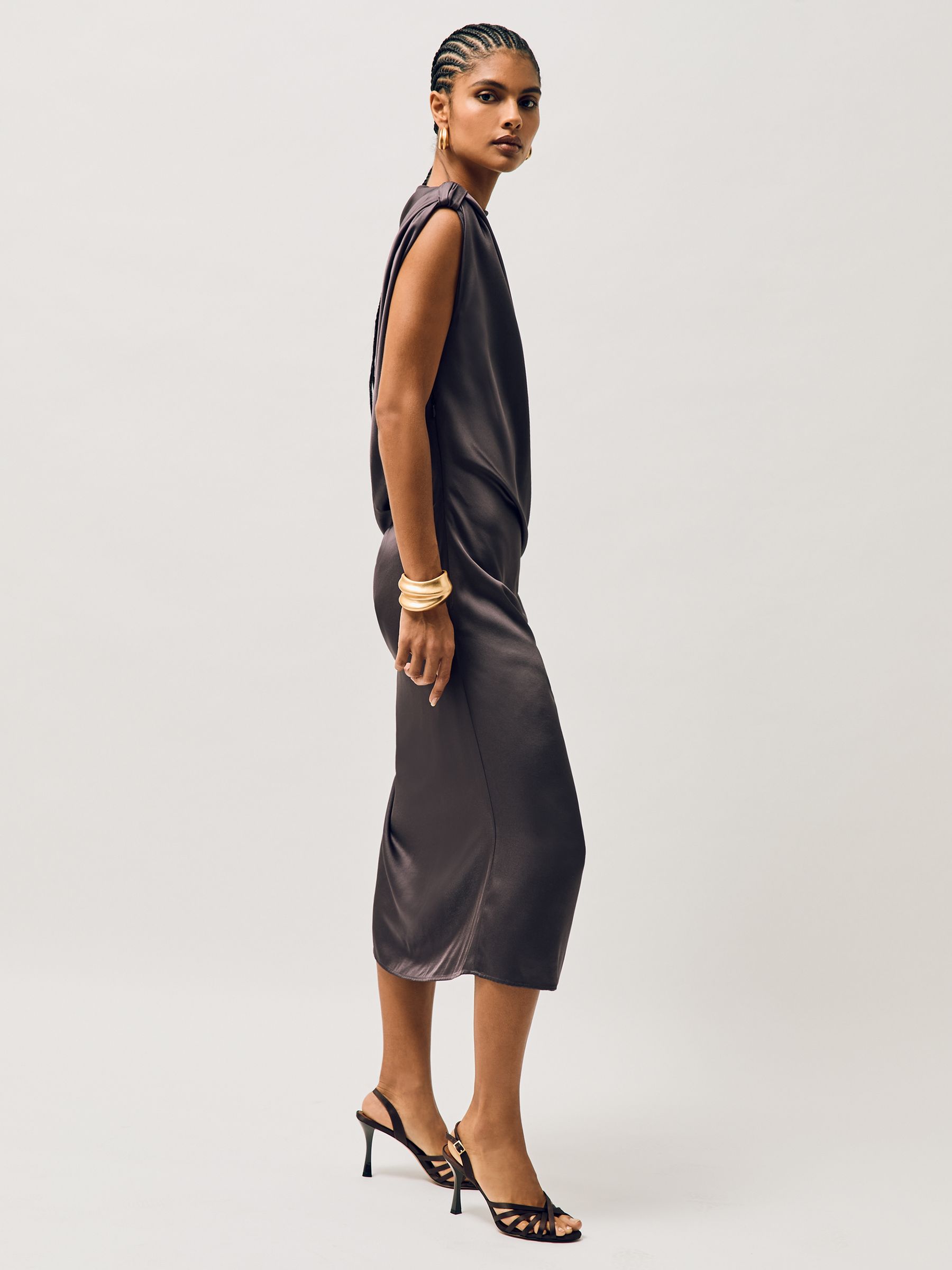 Satin Cross-Strap Heeled Sandals in Chocolate