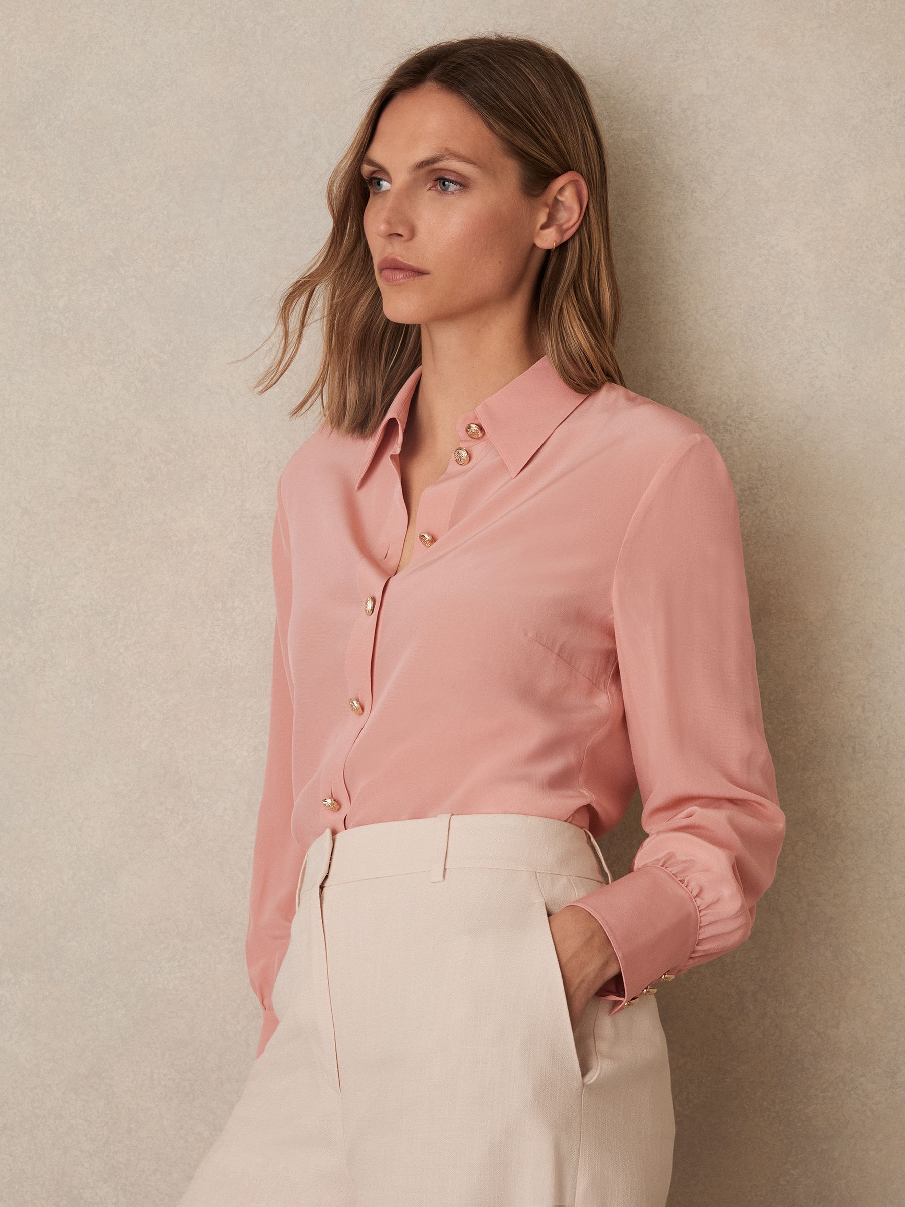 Silk Embossed-Button Shirt in Pink