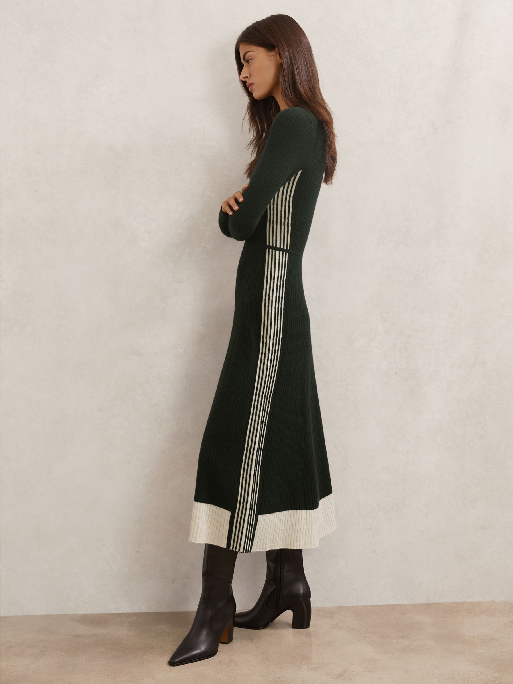 Wool-Blend Stripe-Detail Knitted Dress in Khaki Green