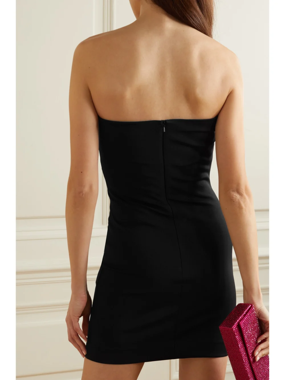 Back view of the 16Arlington Althenea Strapless Embellished Stretch-crepe Mini Dress