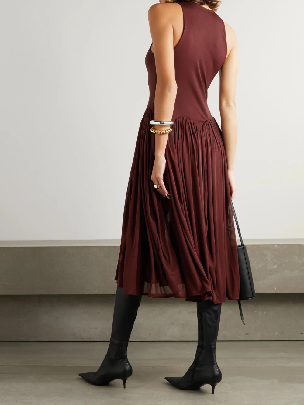 Back view of the 16Arlington Axar Pleated Jersey Midi Dress