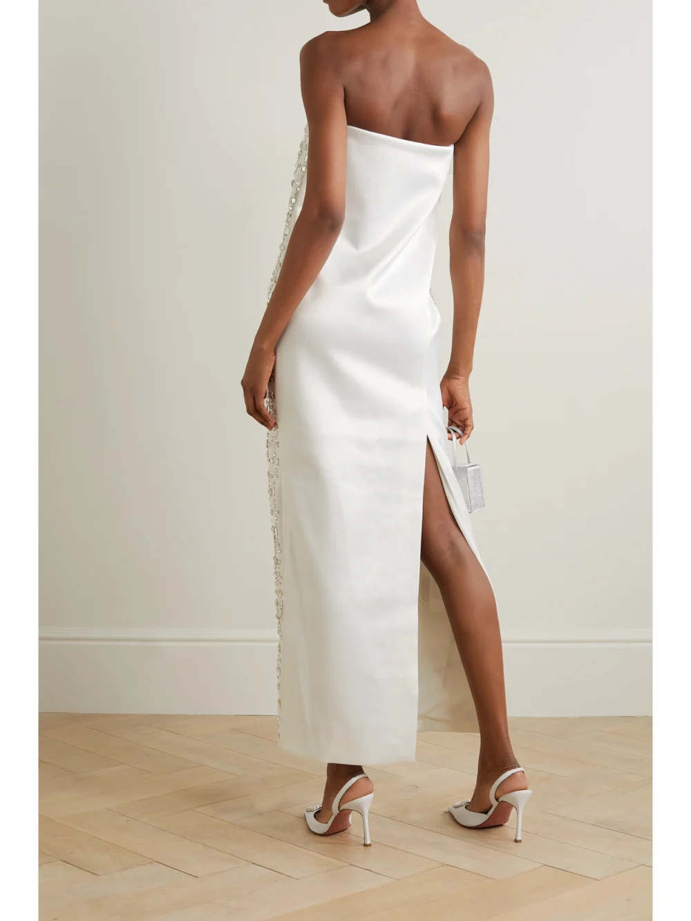 Back view of the 16Arlington Blaise Strapless Crystal-embellished Duchesse-satin Maxi Dress