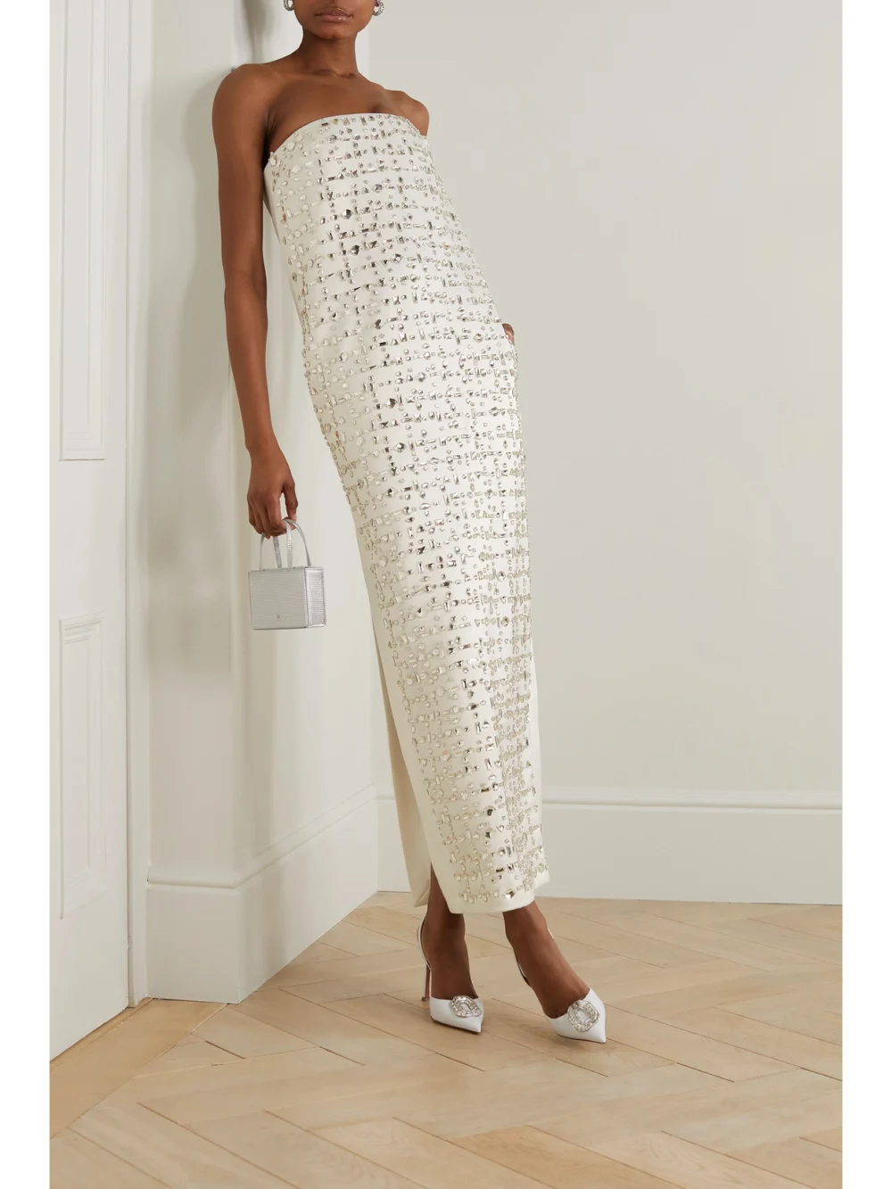 16Arlington Blaise Strapless Crystal-embellished Duchesse-satin Maxi Dress, worn by a model