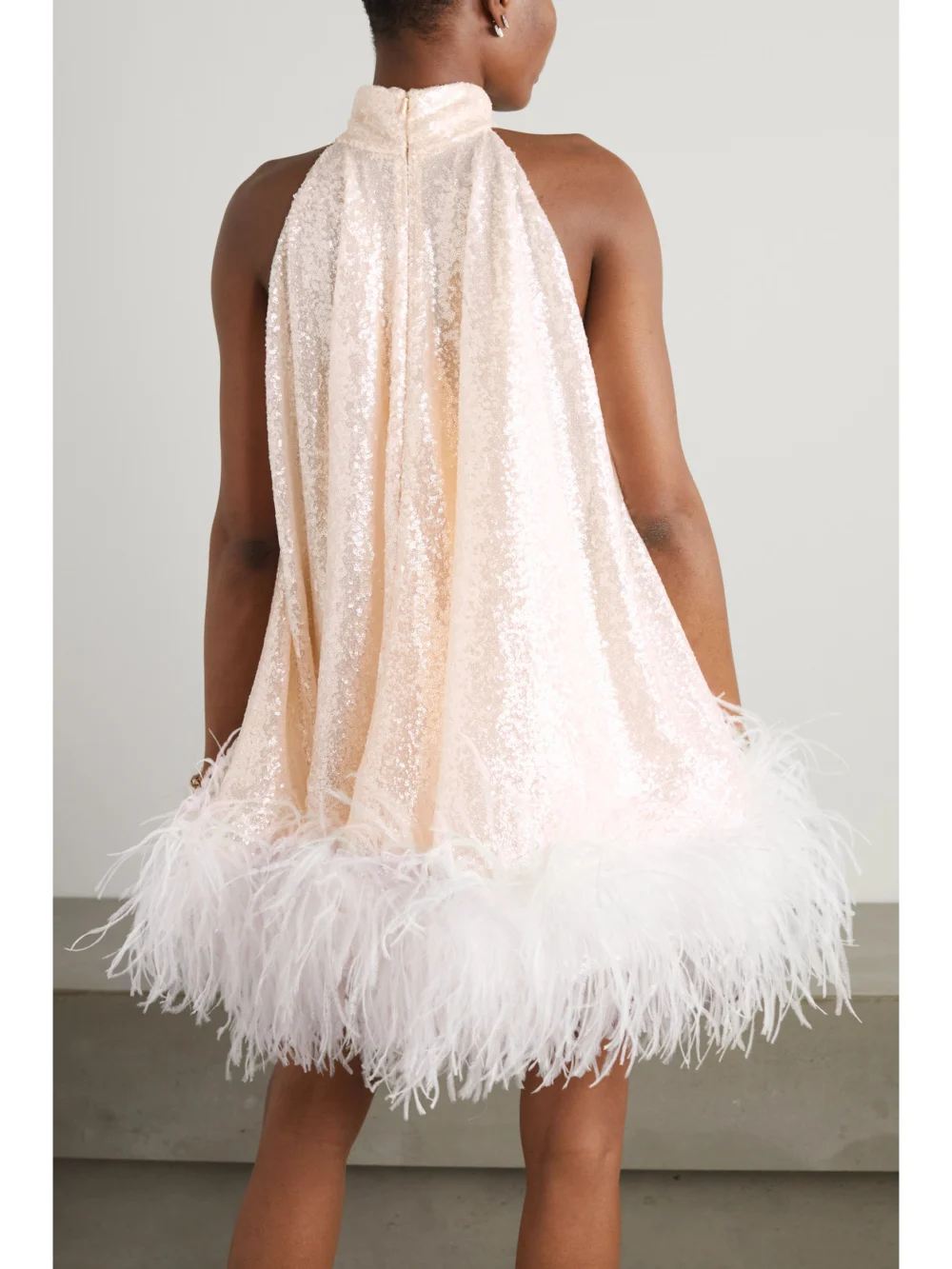 Back view of the 16Arlington Cindy Feather-trimmed Sequined Tulle Mini Dress