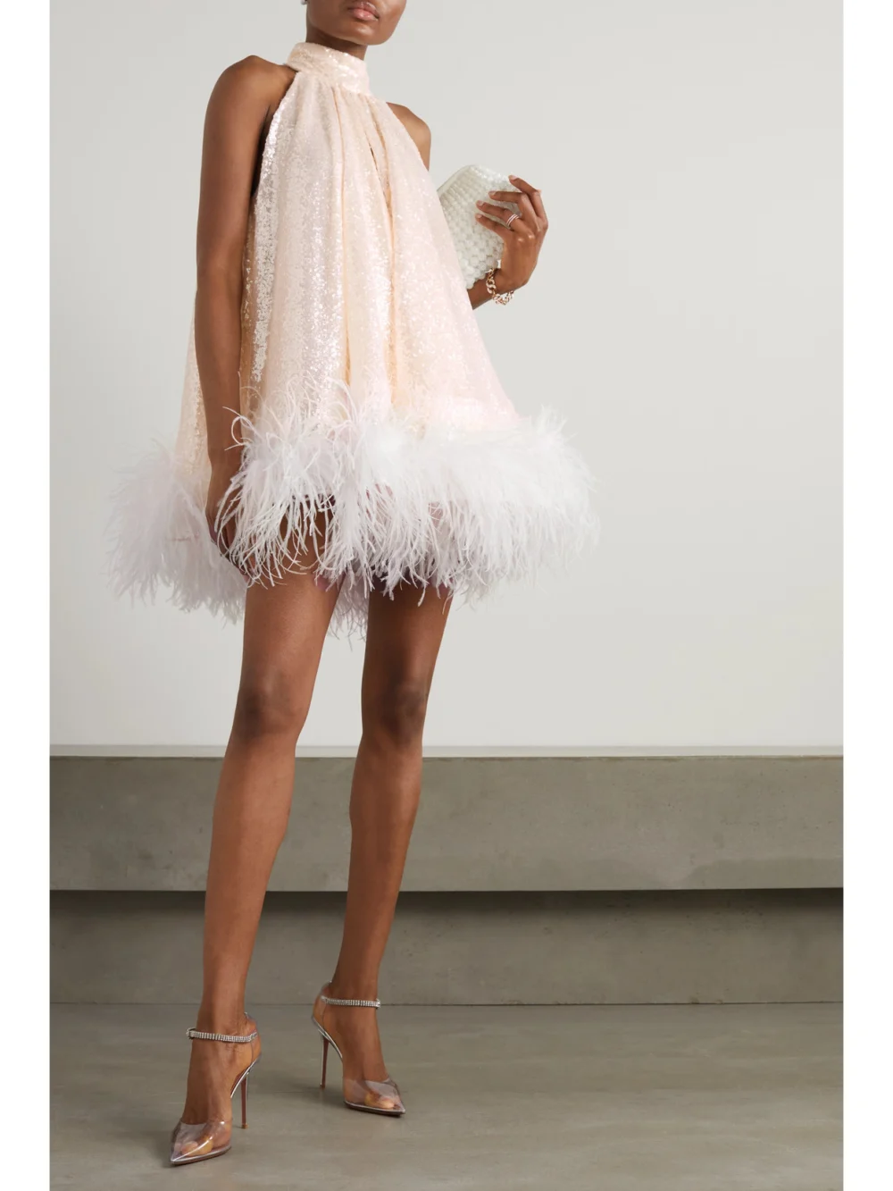 16Arlington Cindy Feather-trimmed Sequined Tulle Mini Dress, worn by a model