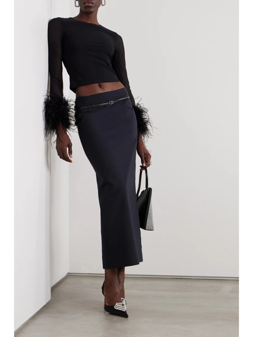 16Arlington Delta Belted Cady Maxi Skirt, worn by a model