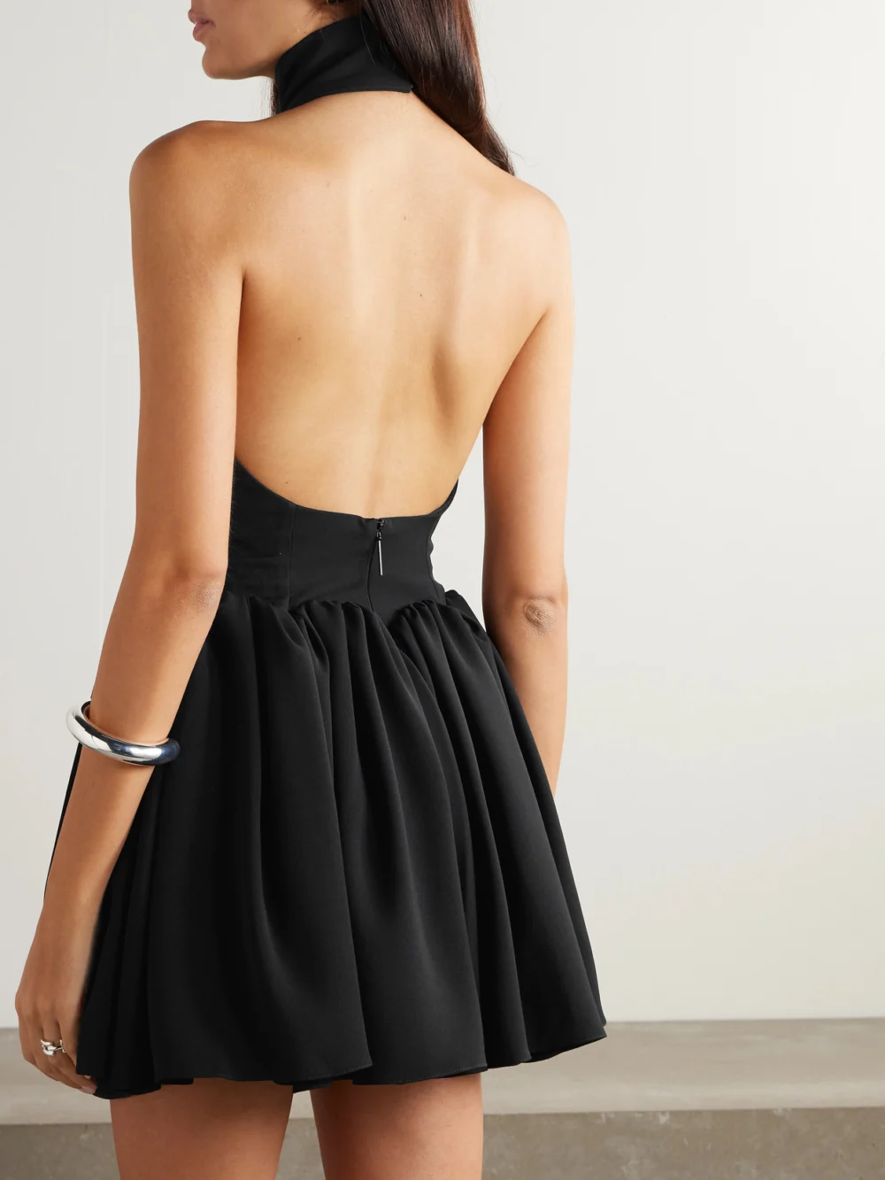 Back view of the 16Arlington Fiala Open-back Gathered Cady Halterneck Mini Dress