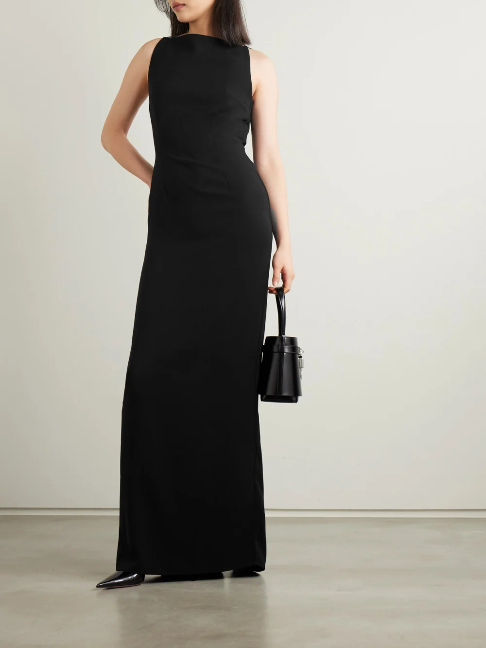 16Arlington Hebe Open-back Crepe Gown, worn by a model