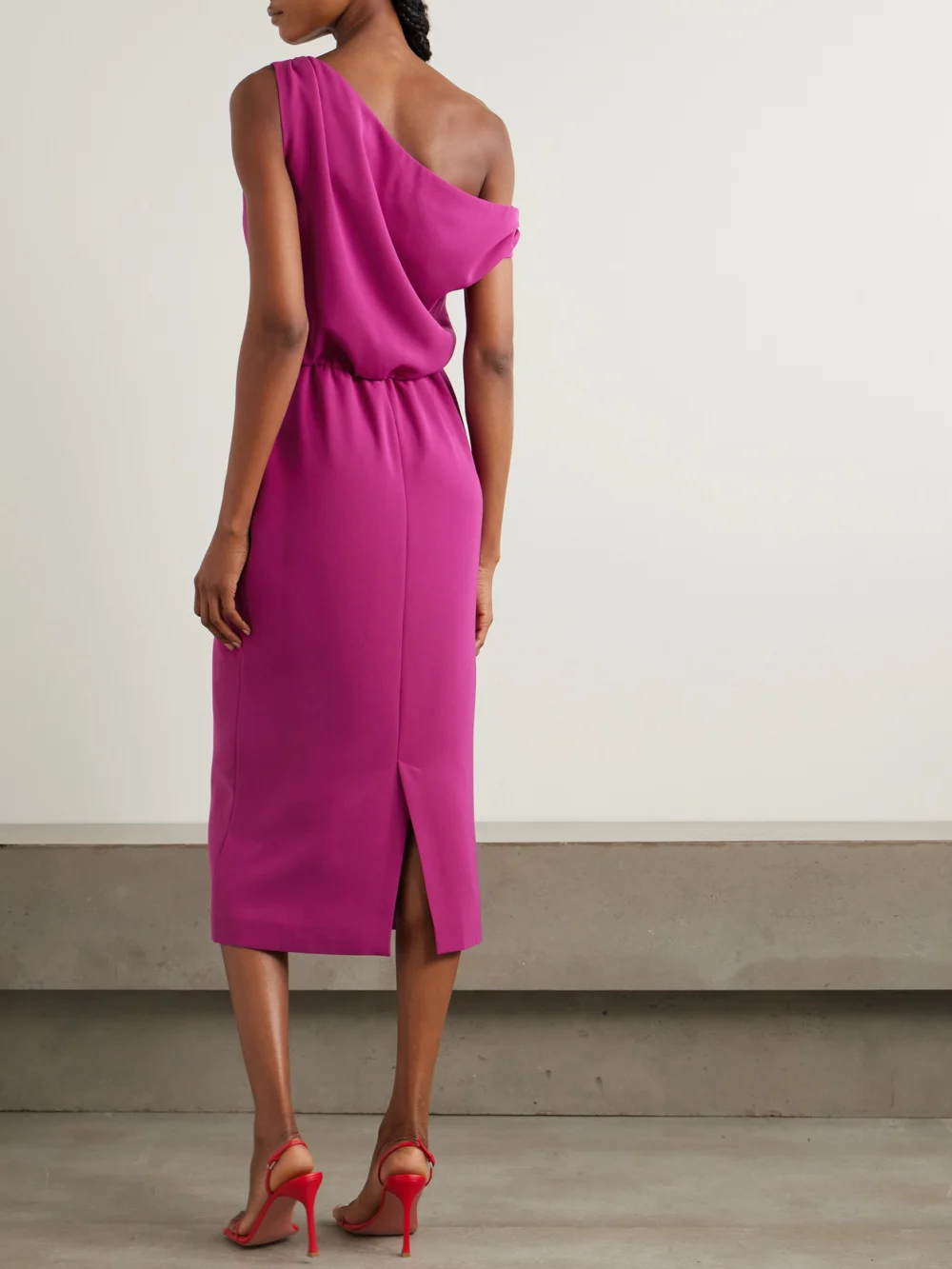 Back view of the 16Arlington Kira One-shoulder Draped Crepe Midi Dress