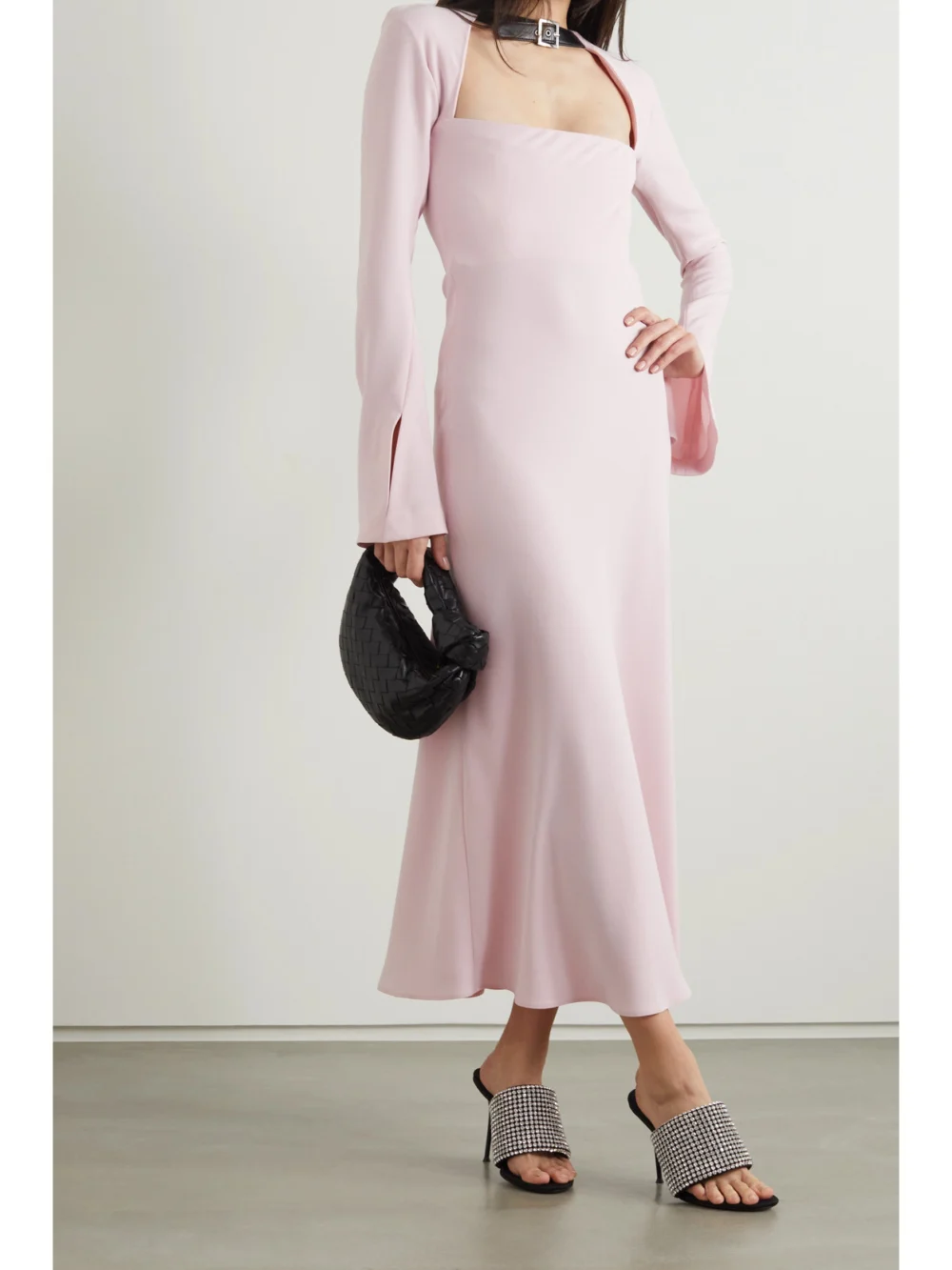 16Arlington Leather-trimmed Crepe Midi Dress, worn by a model