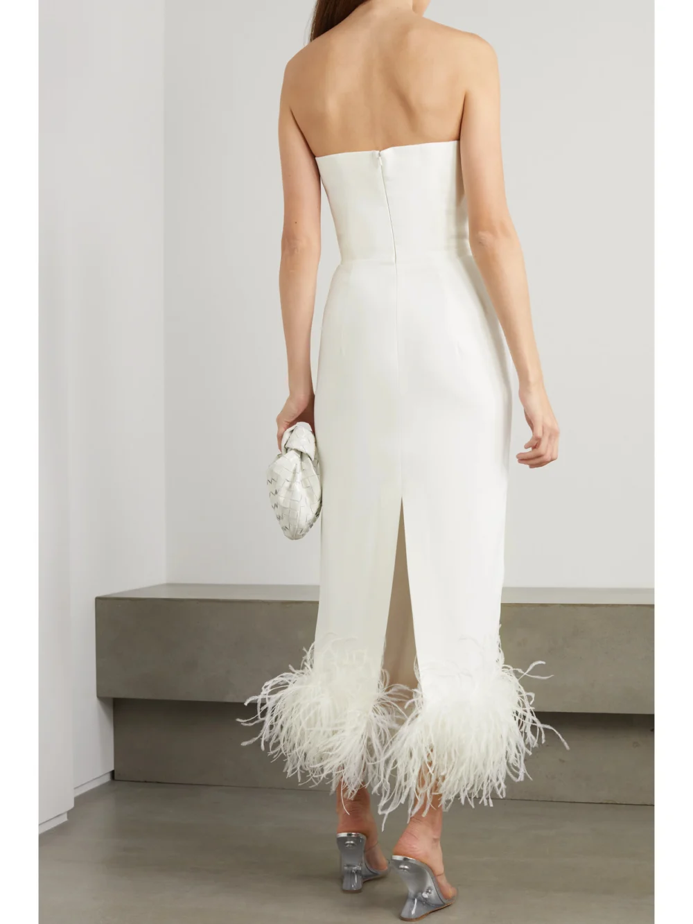 Back view of the 16Arlington Minelli Strapless Feather-trimmed Crepe Midi Dress