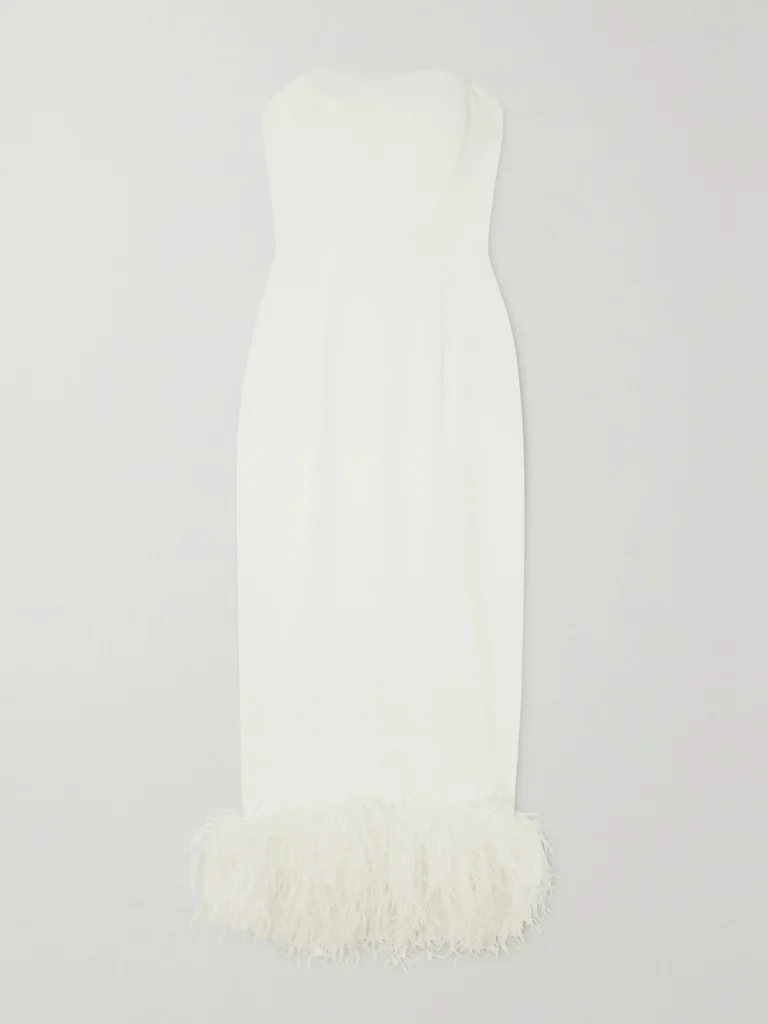 16Arlington Minelli Strapless Feather-trimmed Crepe Midi Dress