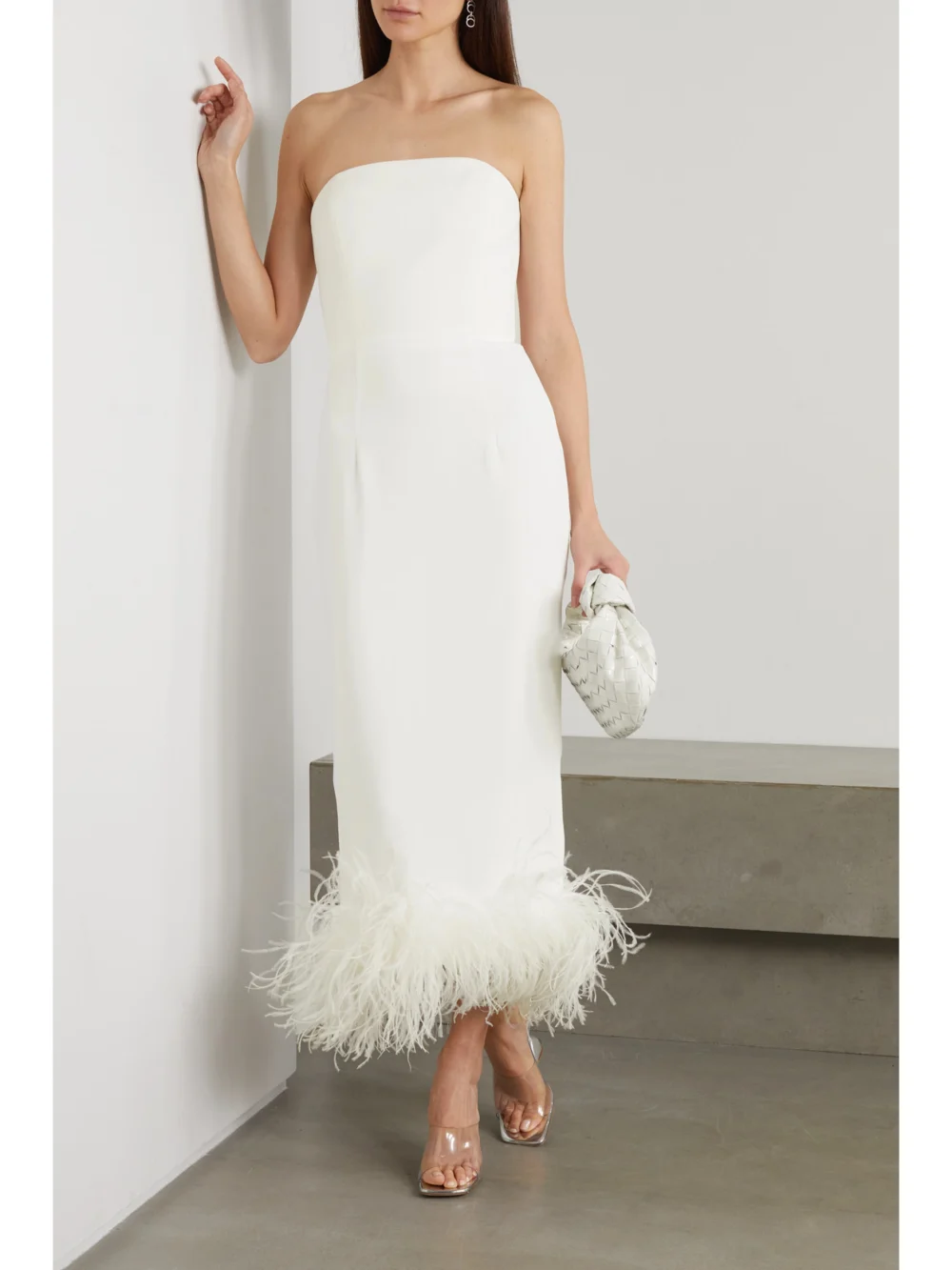 16Arlington Minelli Strapless Feather-trimmed Crepe Midi Dress, worn by a model