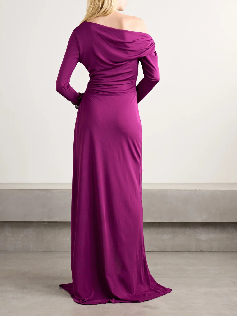 Back view of the 16Arlington Polyta One-shoulder Pleated Draped Jersey Gown