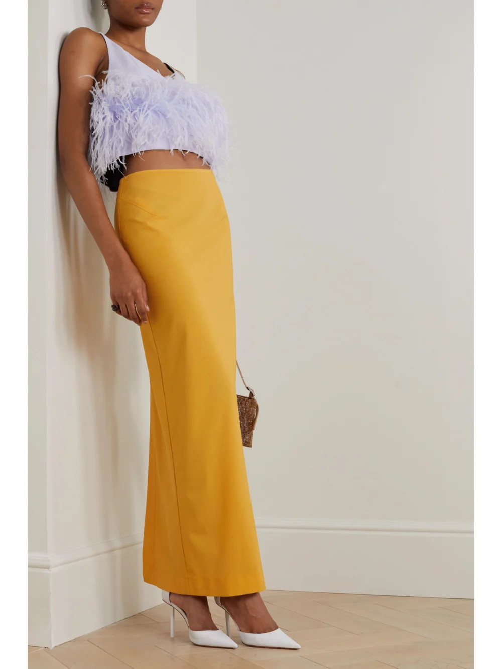 16Arlington Poppy Feather-trimmed Crepe Camisole, worn by a model