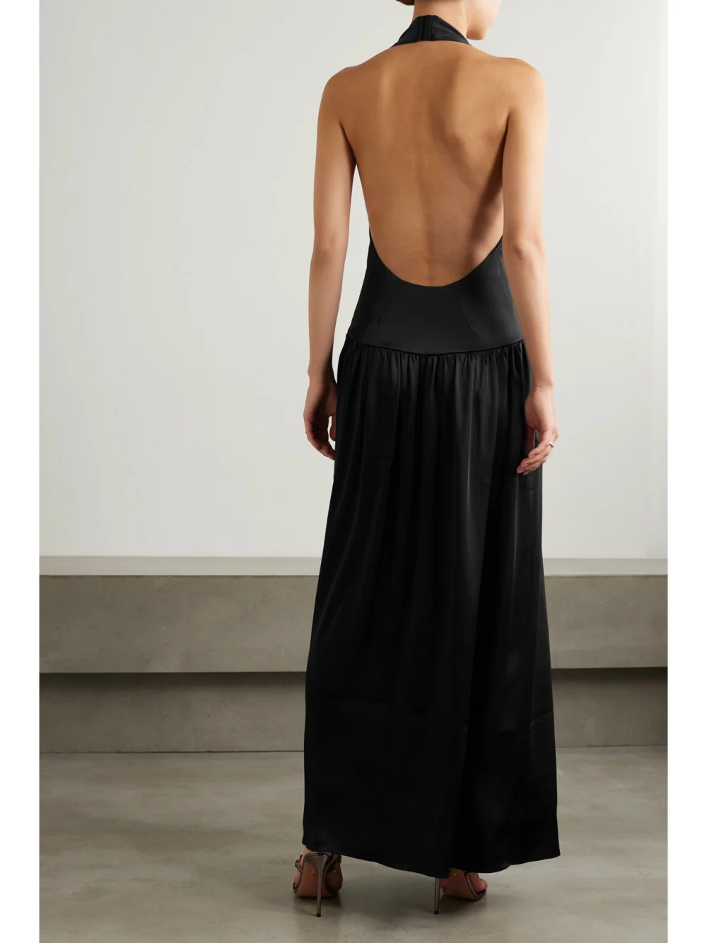 Back view of the 16Arlington Salina Satin Halterneck Gown