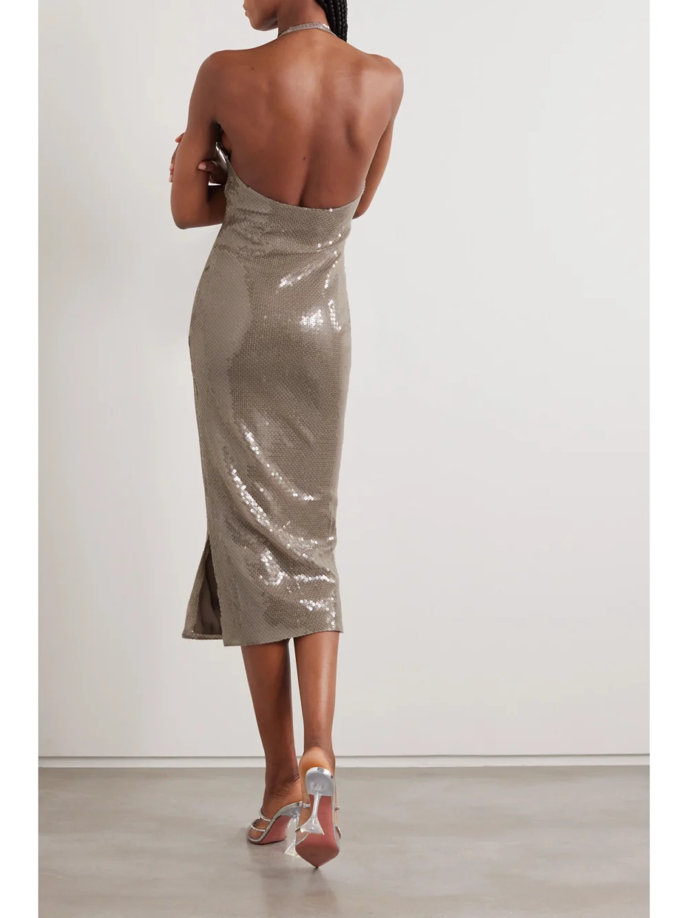 Back view of the 16Arlington Sola Cutout Sequined Stretch-tulle Halterneck Midi Dress
