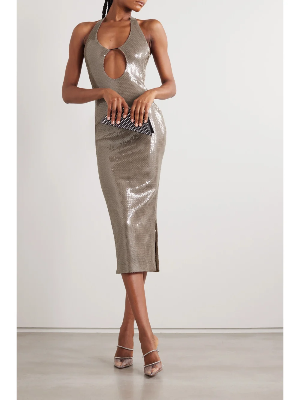 16Arlington Sola Cutout Sequined Stretch-tulle Halterneck Midi Dress, worn by a model