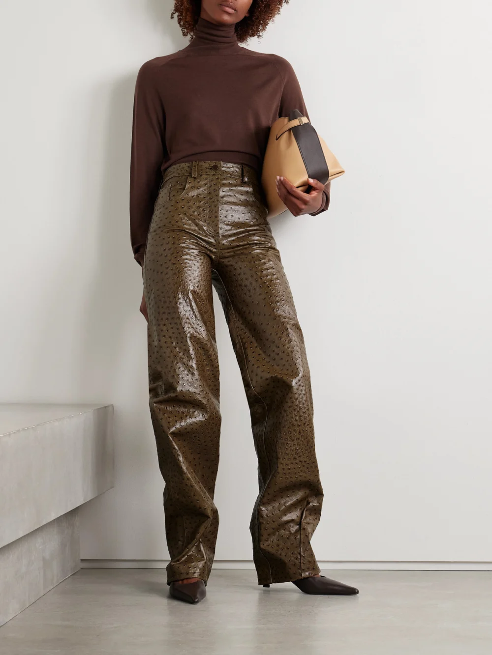 16Arlington Vante Ostrich-effect Leather Straight-leg Pants, worn by a model