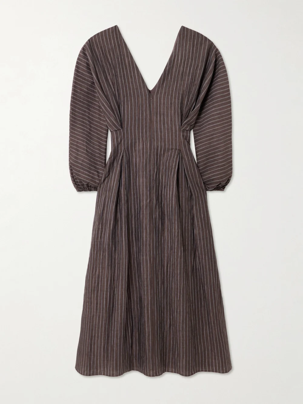 Abadia Amaya Striped Pleated Linen-blend Midi Dress in brown