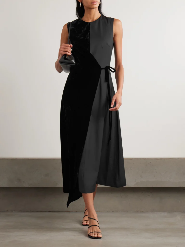 Abadia Asymmetric Velvet and Wool-blend Twill Wrap Midi Dress