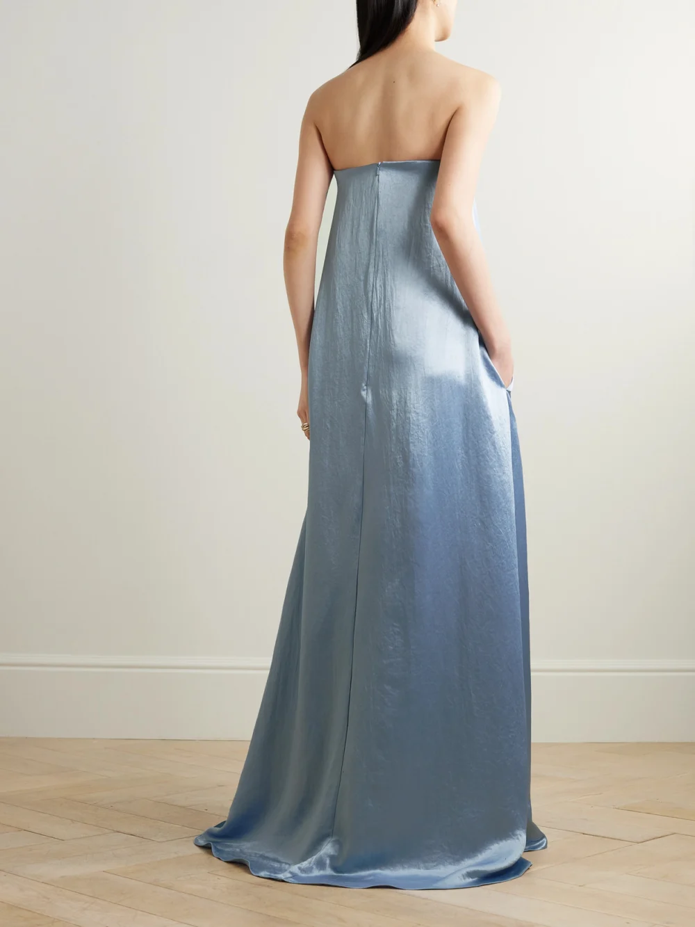 Back view of the Abadia Diana Strapless Hammered-satin Gown